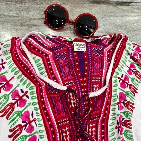 Women's Advanced Apparels One Size Boho Tribal Tunic Shirt Top in White Pink - Picture 4 of 8